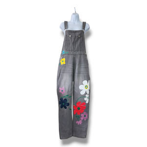 Misslook Faded Black Denim Overalls with Painted Flowers Size Large